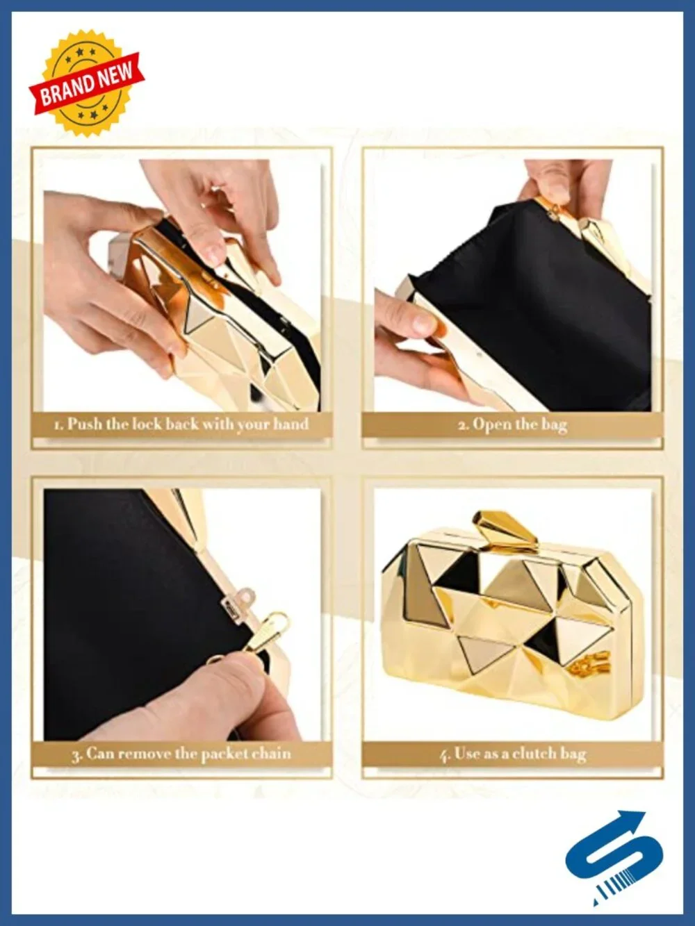 Gold Clutch Purse Women Evening Handbag Set with Jewelry Earrings Arm Cuffs